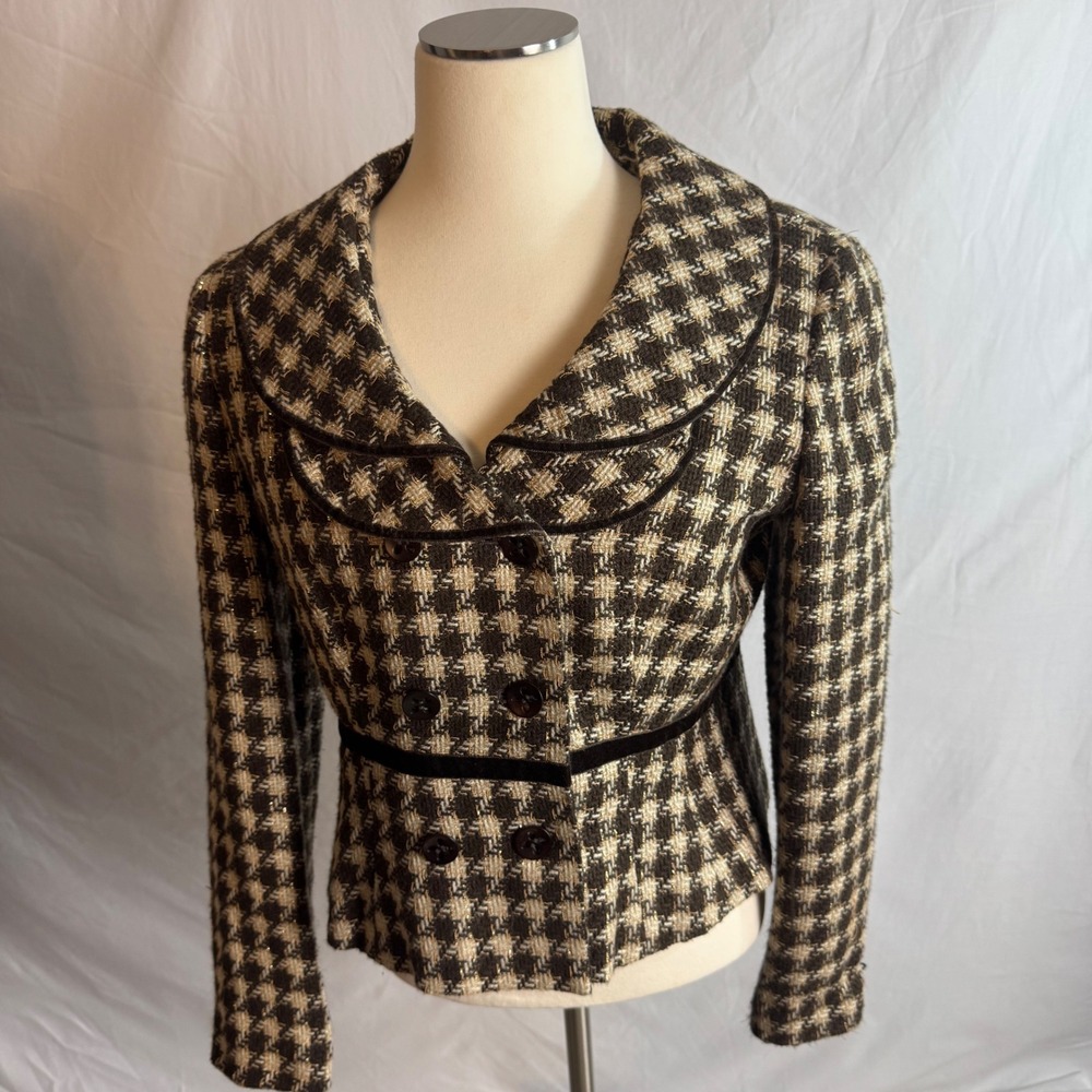 PRAGUE Houndstooth Blazer Jacket Double Breasted Brown Gold Women's Size 8
